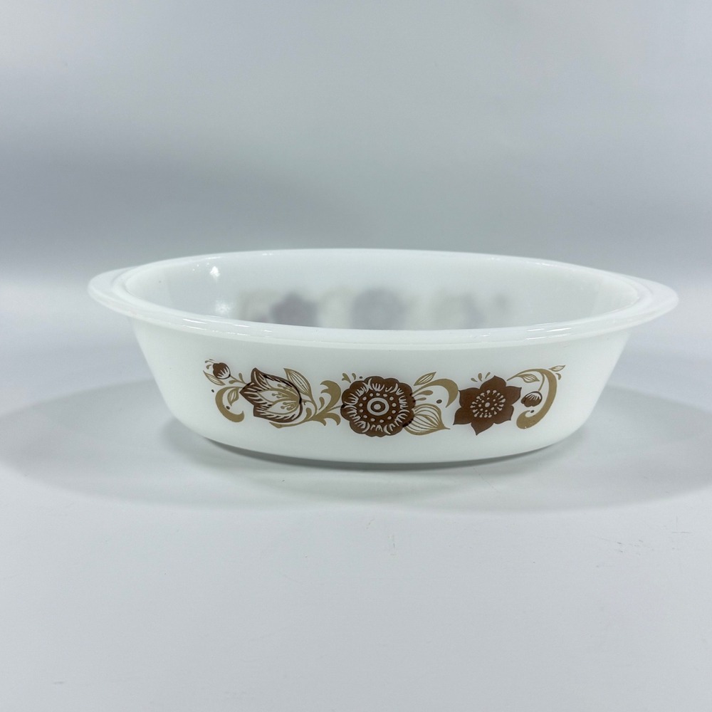 VTG Glasbake Casserole Dish J-154 2 Qt White Brown Floral Milk Glass Retro USA